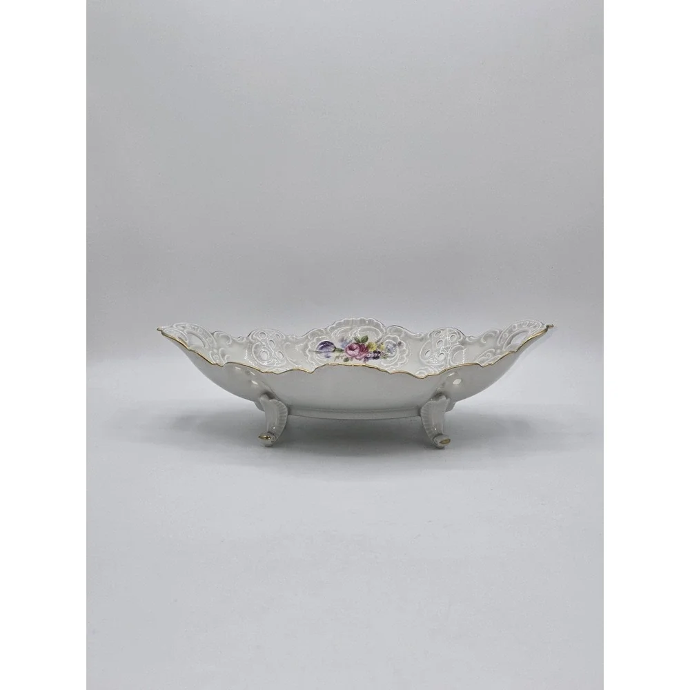 Dresden Porcelain Reticulated Floral Centerpiece Bowl Footed White Gold Western